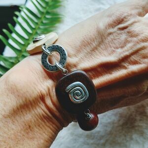 Lovely Brighton Wood Chunky Bracelet W Silver Connectors And Accents, Body Con